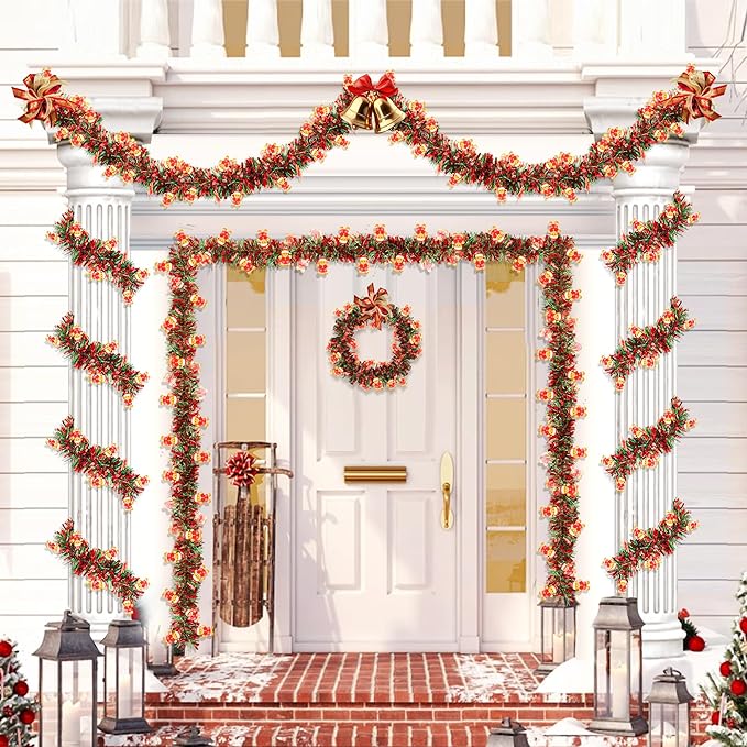 50FT Red Green Christmas Tinsel Garland with Gingerbread Man Ornaments, Thick Metallic Twist Xmas Garland for Tree Decorations Fireplace Mantel Home Office Stair Party Indoor Outdoor Holiday Decor