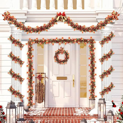 50FT Red Green Christmas Tinsel Garland with Gingerbread Man Ornaments, Thick Metallic Twist Xmas Garland for Tree Decorations Fireplace Mantel Home Office Stair Party Indoor Outdoor Holiday Decor