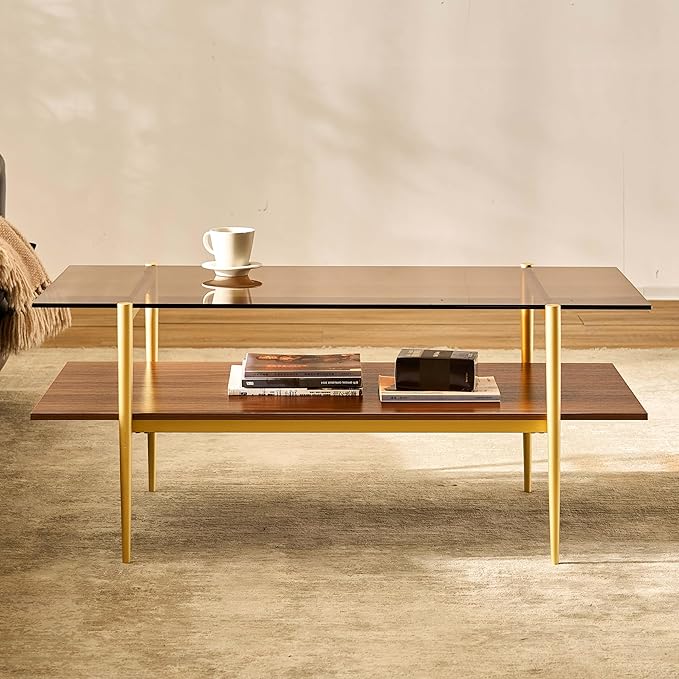 AGV LIGHTING Tadio Glass Coffee Table, Mid-Century Modern Coffee Table for Living Room, Gold Finish Leg, Coffee Brown Glass Top & Walnut Shelf, 41 in Length