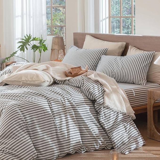 MooMee Striped Duvet Cover Set 100% Washed Cotton Linen Like Textured Breathable Durable Soft Comfy (Dark Grey White Classic Stripes, Full 80"x90")