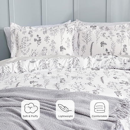 Bedsure Full Comforter Set - Bright White Bed Set, 3 Pieces Cute Floral Bedding, 1 Soft Reversible Botanical Flowers Comforter and 2 Pillow Shams