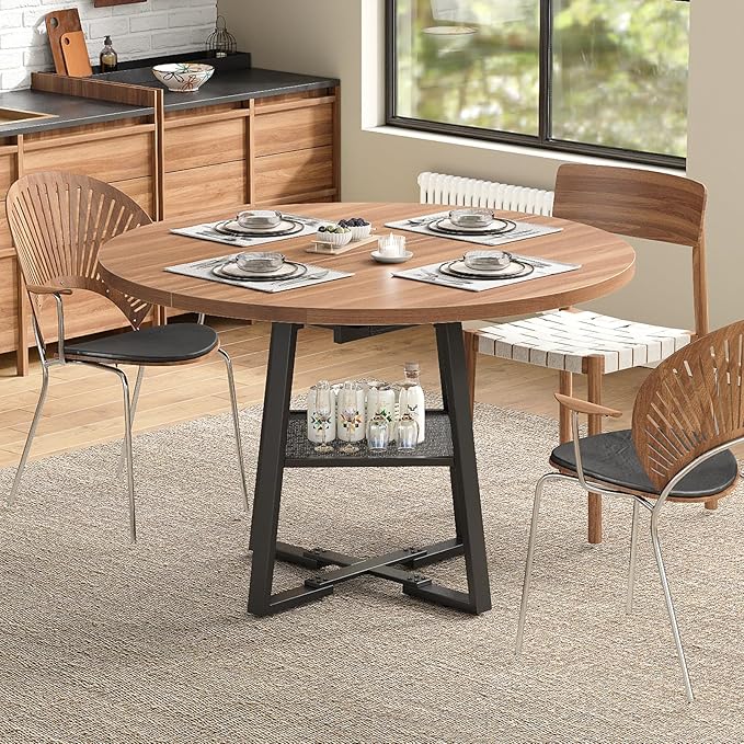 Extendable Round Dining Table for 4-8, 47 Inch Dining Room Table with Storage, Sturdy Metal Frame & Thickened Panel, Circle Dinner Tables for Dining Room, Kitchen, Living Room (Walnut)