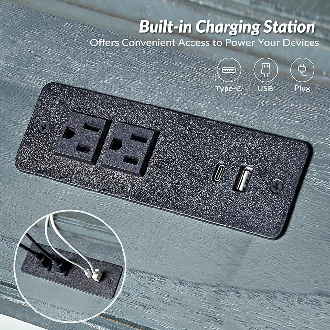 HULALA HOME Spindle Nightstands with Charging Station, Solid Wood Nightstand with Drawer Shelf, Side Table with Pull-Out Shelf (Blue)