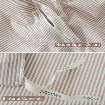 MooMee Striped Duvet Cover Set 100% Washed Cotton Linen Like Textured Breathable Durable Soft Comfy (Orange Pinstripes, Super King 108"x98")