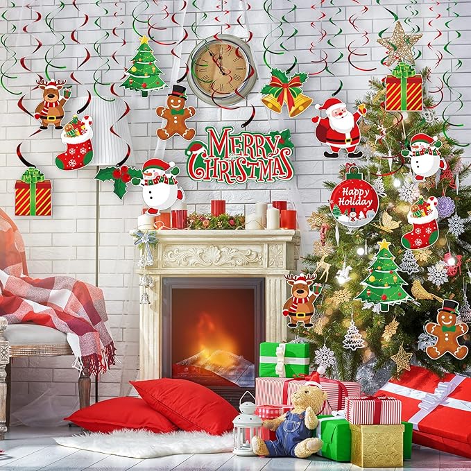 30 Pcs Christmas Swirl Ceiling Hanging Decorations Set Xmas Holiday Snowman Elk Sign Hanging Foil Indoor Decorations for Ceiling Xmas Holiday Party Supplies (Santa Bell Snowman)