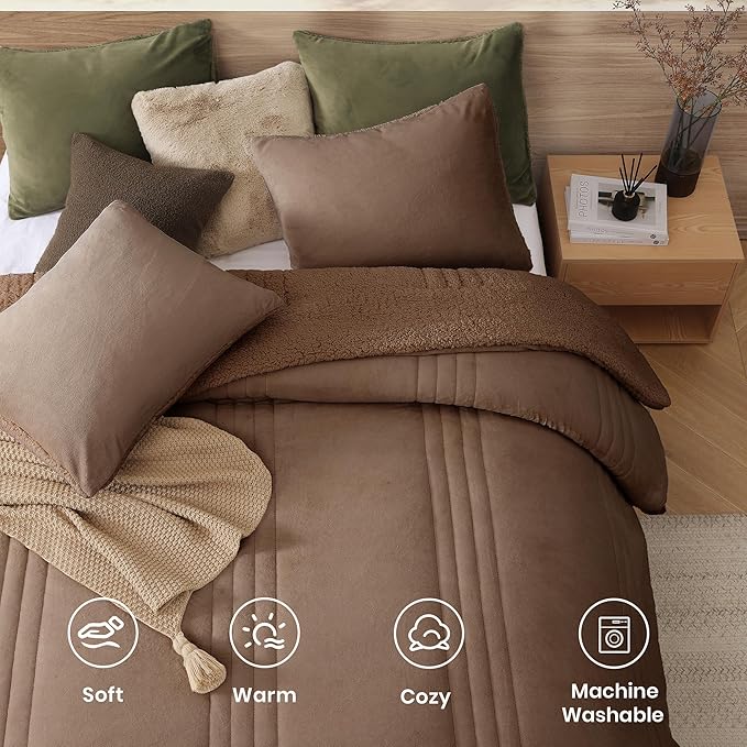 Monbix Fluffy King Size Comforter Set Brown, Sherpa Plush Fuzzy Comforter 3 Piece for King Size Bed, Luxury Soft Winter Warm Bedding Set