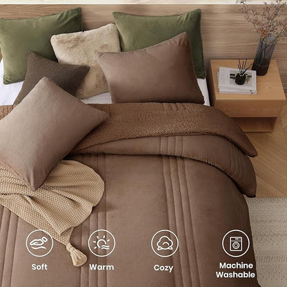 Monbix Fluffy King Size Comforter Set Brown, Sherpa Plush Fuzzy Comforter 3 Piece for King Size Bed, Luxury Soft Winter Warm Bedding Set