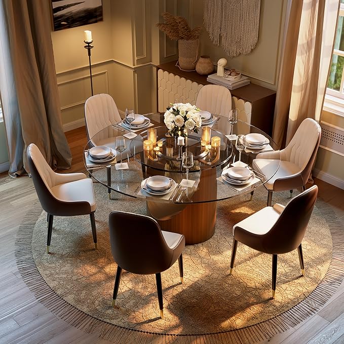 POVISON 59" Round Dining Table for 4-6 with 31" Lasy Susan, Glass Tabletop Dining Table with Bronze Carbon Steel Pedestal, Modern Dining Room Table for Kitchen, Living Room (Table Only)