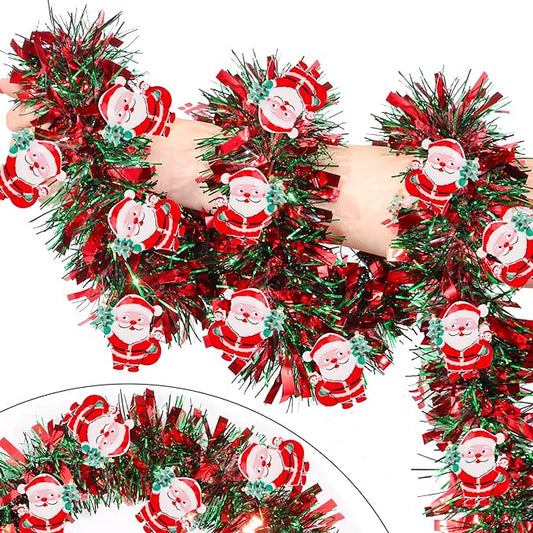 33FT Red Green Christmas Tinsel Garland with Santa Claus Ornaments Christmas Garland Christmas Decorations, Metallic Xmas Tree Garland Indoor Outdoor for Home Mantle Xmas Party Holiday Decor Gift