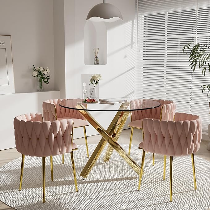Golden Round Dining Table Set for 4, 39'' Clear Glass Top Dinner Table Set, 5 Pieces Modern Luxury Circle Kitchen Table and Pink Woven Chairs Set, Small Circular Dinette Set, for Apartment