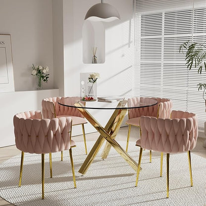 Golden Round Dining Table Set for 4, 39'' Clear Glass Top Dinner Table Set, 5 Pieces Modern Luxury Circle Kitchen Table and Pink Woven Chairs Set, Small Circular Dinette Set, for Apartment