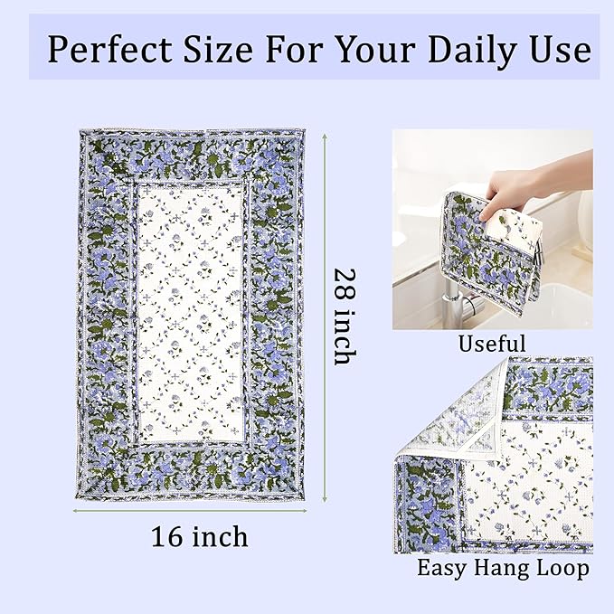 Ridhi Powder Blue Hand Block Print Waffle Kitchen Towel Set of 3-16 x28 Ultra Absorbent Quick Dry 100% Cotton Dish Towels Lightweight Reusable Sustainable Tea Towels for Cleaning and Drying