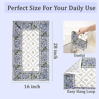 Ridhi Powder Blue Hand Block Print Waffle Kitchen Towel Set of 3-16 x28 Ultra Absorbent Quick Dry 100% Cotton Dish Towels Lightweight Reusable Sustainable Tea Towels for Cleaning and Drying