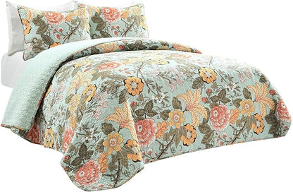 Lush Decor Sydney Reversible Cotton Quilt Set King 3 Piece Bedding, Blue Green