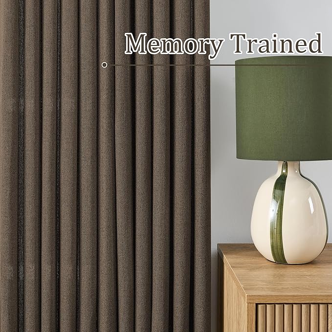 Brown Pleated Linen Curtains 105 Inches Long Farmhouse Semi Sheer Memory Trained Shape Pinch Pleat Drapes with Hooks Back Tab Ripple Fold Curtain for Bedroom Living Room 50x105