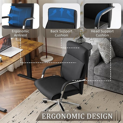 Mid-Back Ergonomic Leather Office Chair, Modern Upholstered Executive Desk Chair with Gold Frame Armrest Computer Task Chair (Obsidian Black)