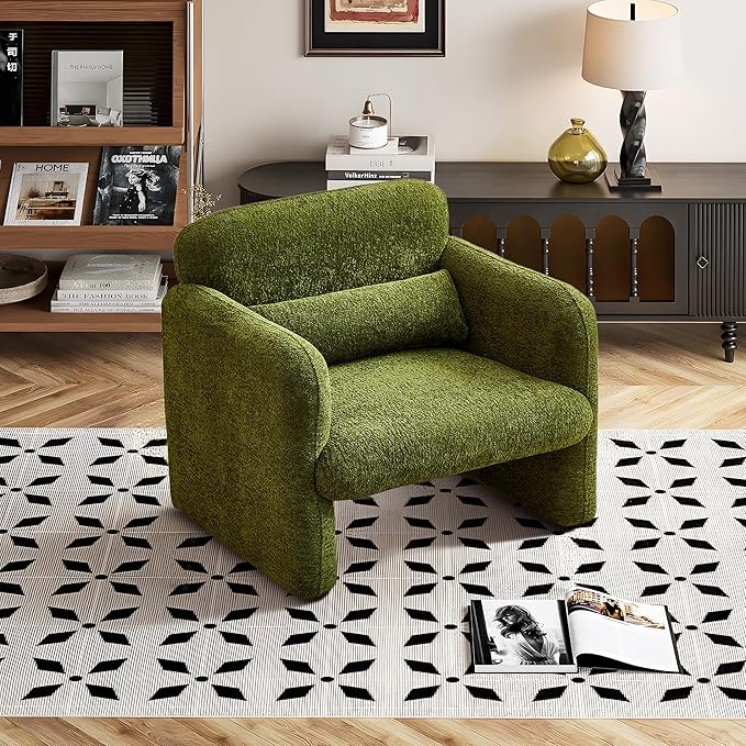 33.86" Accent Chairs, Modern Upgrade Sherpa Fabric Arm Chair Comfy Upholstered Armchair Leisure Single Sofa Chair with a Waist Pillow for Bedroom, Office and Living Room