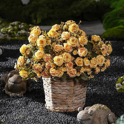 Artificial Flowers for Outdoor 4 Bundles Rose Bouquet with Daisy Faux Flowers UV Resistant for Home Indoor Outside Garden Porch Window Box Balcony Yard Porch Decor (Yellow)
