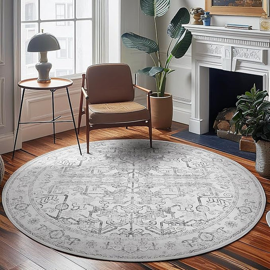 jinchan Vintage Floral Round Rug 7ft Washable Non-Slip, Grey