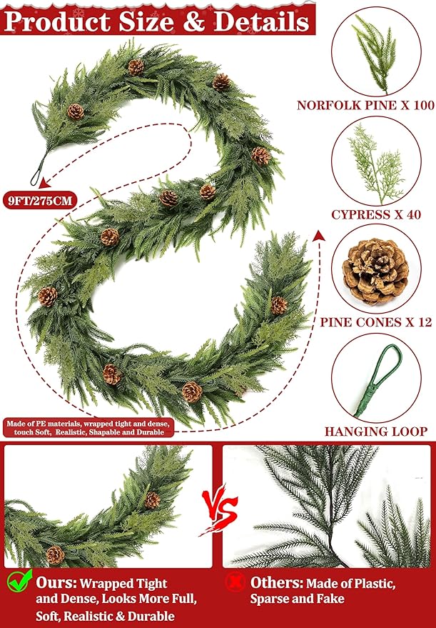Extra Thick&Lush-9 Ft by 10 Inch Real Touch Norfolk Pine Garland,Christmas Garland Artificial Realistic Soft Thickness Greenery Pine Cypress Pinecones Garlands for Mantle Fireplace Home Indoor Outdoor