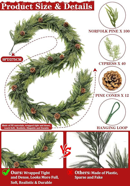 Extra Thick&Lush-9 Ft by 10 Inch Real Touch Norfolk Pine Garland,Christmas Garland Artificial Realistic Soft Thickness Greenery Pine Cypress Pinecones Garlands for Mantle Fireplace Home Indoor Outdoor