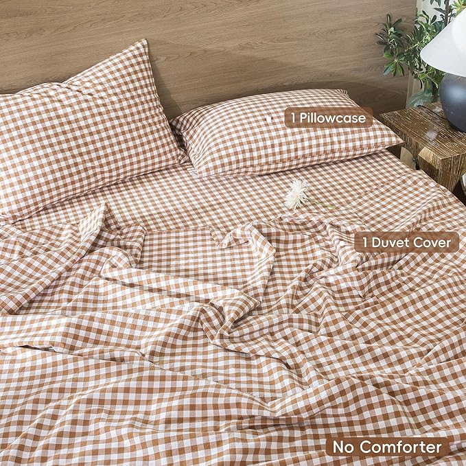 MooMee Gingham Duvet Cover Set 100% Washed Cotton Linen Like Textured Breathable Durable Soft Comfy Modern Checkered Design (Dark Orange Gingham, Twin 68"x90")