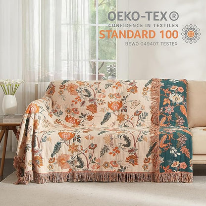 Boho Throw Blanket 100% Cotton Woven Ultra Soft 4-Layer Muslin Quilt Farmhouse Bed Blanket Cover 80"x90", Floral