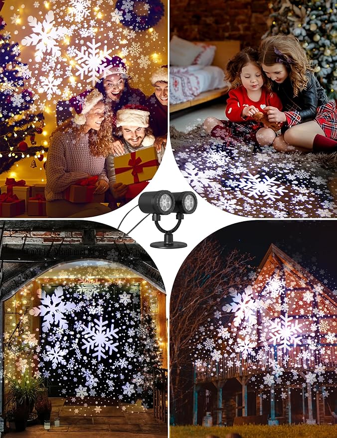 Christmas Double Head Snowflake Projection Lights, ZBPP Outdoor LED Christmas Lights IP65 Waterproof, Rotating Snow Lamp Brighter LED Landscape for Xmas Holiday Party Decoration