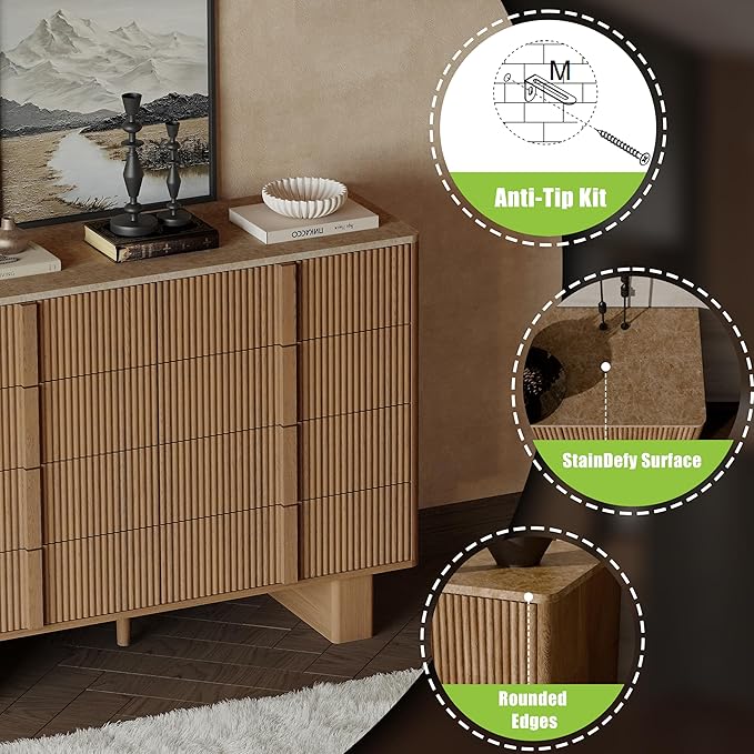 Fluted Dresser for Bedroom with 8 Drawers, 47" Wide Modern Chest of Drawers with Wooden Handle, Wooden Dresser TV Stand, Wood Closet Clothes Storage Organizer for Living Room, Hallway, Natural Oak