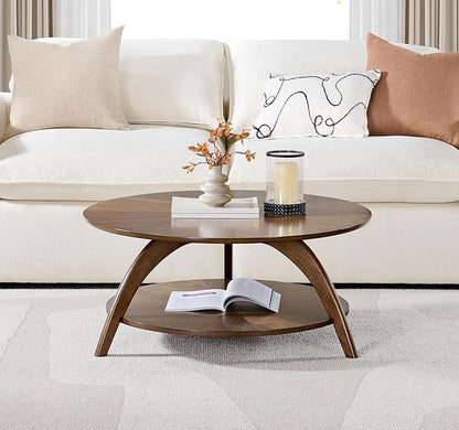 Martin Svensson Home LAX Retro Mid-Century Modern Round Wood Coffee Table with Lower Shelf, Cocktail Table for Living Room or Den. Walnut Brown.