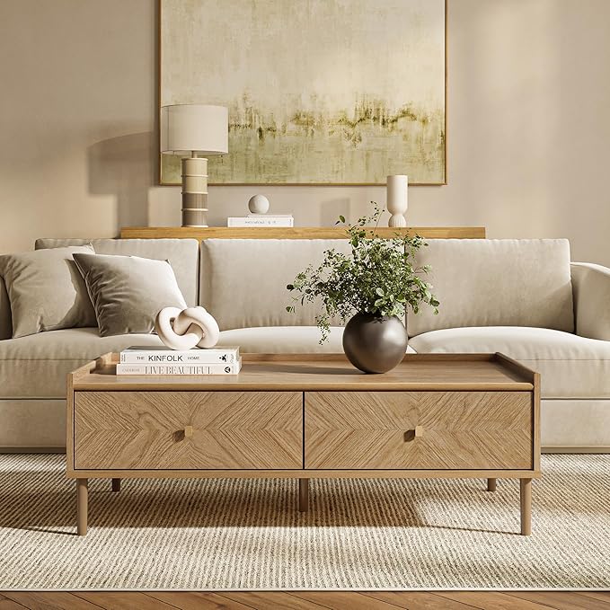 LuxenHome Wood Coffee Table with Storage, 47" Mid Century Modern Coffee Tables with 2-Drawer, Center Table for Small Space, Rectangular Cocktail Tea Tables for Living Room, Office