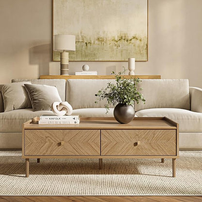 LuxenHome Wood Coffee Table with Storage, 47" Mid Century Modern Coffee Tables with 2-Drawer, Center Table for Small Space, Rectangular Cocktail Tea Tables for Living Room, Office