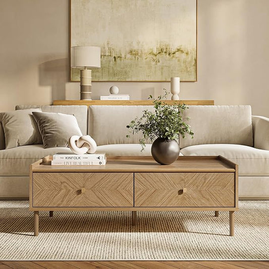 LuxenHome Wood Coffee Table with Storage, 47" Mid Century Modern Coffee Tables with 2-Drawer, Center Table for Small Space, Rectangular Cocktail Tea Tables for Living Room, Office