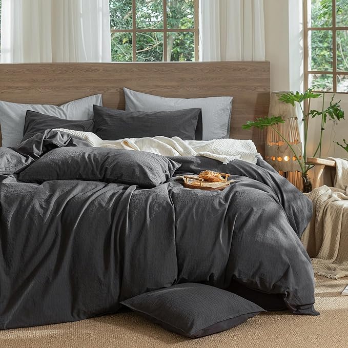 MooMee Wavy Striped Duvet Cover Set 100% Washed Cotton Linen Like Textured Breathable Durable Soft Comfy (Charocal Grey, Palatial King/Oversized King 120"x98")