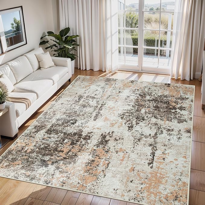 6x9 Area Rugs for Living Room Rug Washable: Abstract Rug for Dining Room Bedroom Carpet Non Slip 6 by 9 Indoor Modern Nursery Home Office Brown Beige