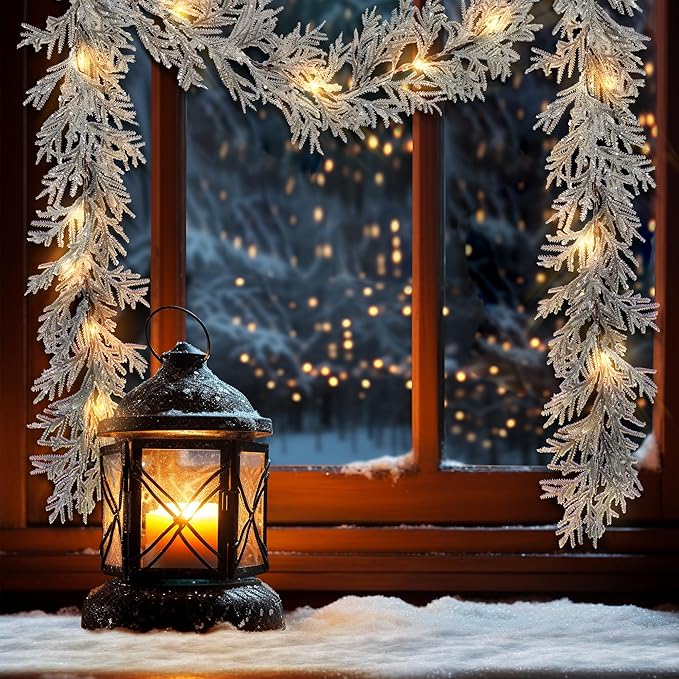 6 FT Silver Artificial Christmas Garland, Faux Spruce Evergreen Garland with 20 LED Lights, Lighted with Timer, Perfect for Christmas Indoor Outdoor Decoration