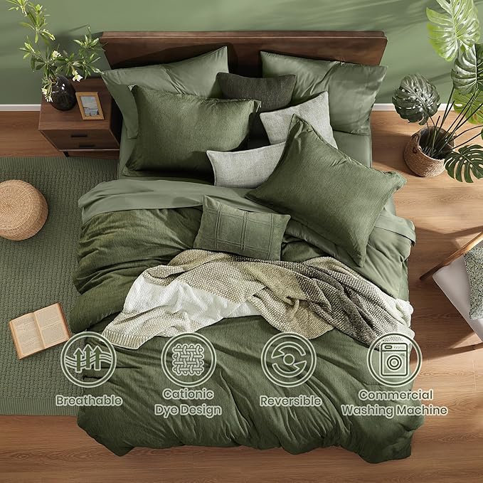 Monbix Full Size Comforter Set, Olive Green Bedding Comforter for Full Size Bed Set Reversible, Bedding Sets Full 7 Pieces, Cationic Dyeing Bed in a Bag with Comforter, Sheets, Pillowcases & Shams