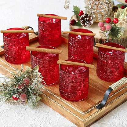 Kate Aspen Red Hobnail Vintage Drinking Glasses Set of 6-10 oz Beaded Glassware for Cocktails, Tea, Water, Juice | Ribbed Retro Glass Cups for Entertaining, Gift Giving or Bar Decor