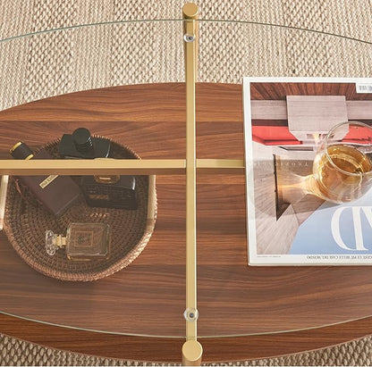 Saint Mossi Olive Glass Coffee Table for Living Room, Mid Century Modern Center Table, Surfboard Clear Glass & Coffee Brown MDF Bottom Shelf with Rounded Corners, L41xW21xH17, Gold Table Legs