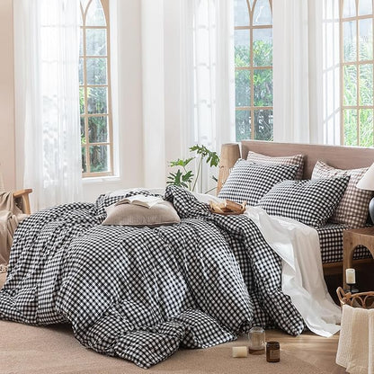 MooMee Gingham Duvet Cover Set 100% Washed Cotton Linen Like Textured Breathable Durable Soft Comfy Modern Checkered Design (Black White Gingham, Full 80"x90")
