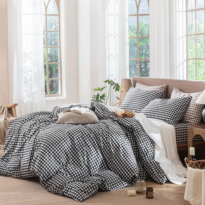 MooMee Gingham Duvet Cover Set 100% Washed Cotton Linen Like Textured Breathable Durable Soft Comfy Modern Checkered Design (Black White Gingham, Twin 68"x90")