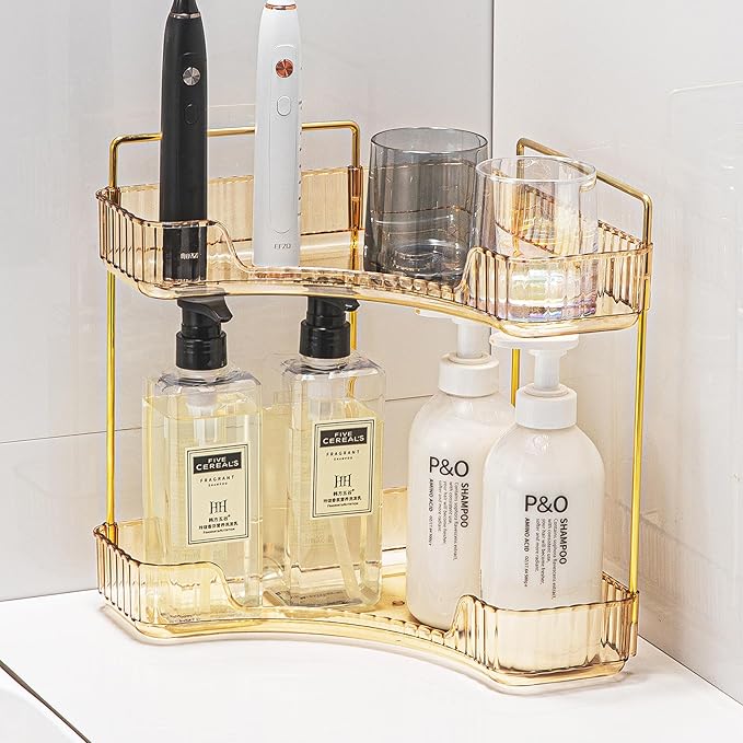 Corner Bathroom Counter Organizer Bathroom Countertop Shelf Makeup Organizer for Vanity Perfume Corner Storage (2 Tiers, Gold)