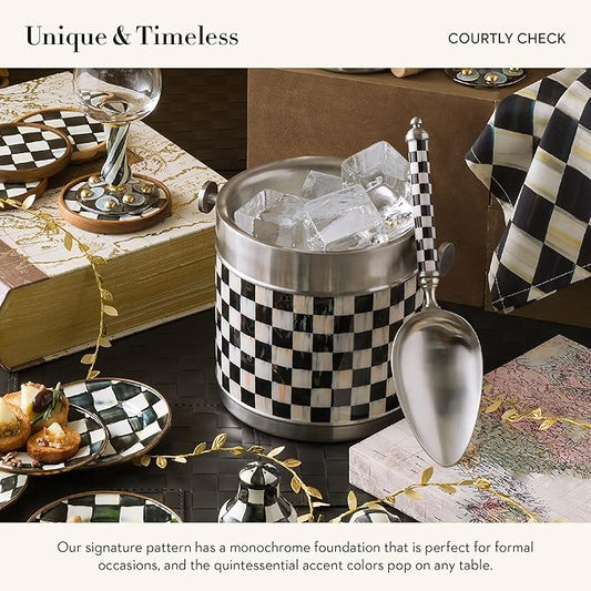 MACKENZIE-CHILDS 3260 Ice Bucket, Decorative Stainless-Steel Bucket and Ice-Cube Bin, Black-and-White Courtly Check