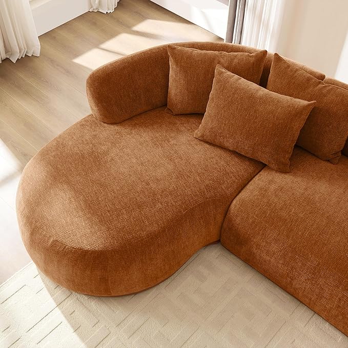 WILLIAMSPACE 134.63" Oversize Curved Sofa Cloud Couch with Round Chaise, Modern Upholstered Curved Sectional Sofa Couch with 6 Pillows for Living Room, No Assembly (Left-Facing,Orange)