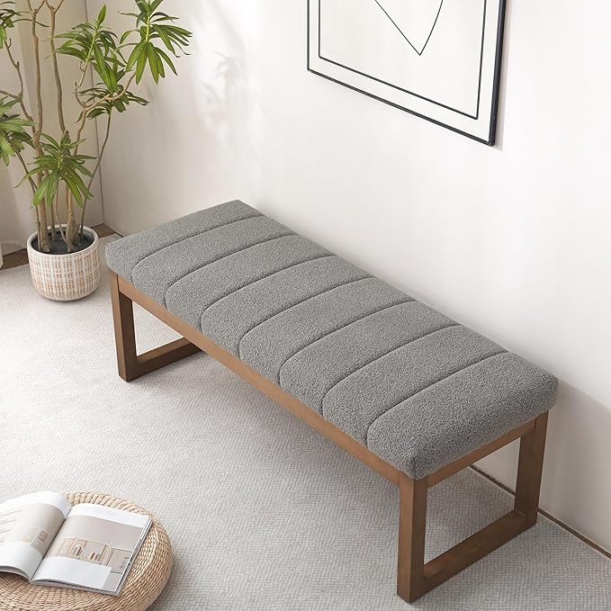 52.7" Bedroom Bench for End of Bed, Modern Upholstered Teddy Fabric Entryway Bench & Dining Bench, Footrest Stool Bench with Solid Wood Frame for Bedroom, Living Room (Light Grey)