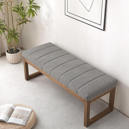 52.7" Bedroom Bench for End of Bed, Modern Upholstered Teddy Fabric Entryway Bench & Dining Bench, Footrest Stool Bench with Solid Wood Frame for Bedroom, Living Room (Light Grey)