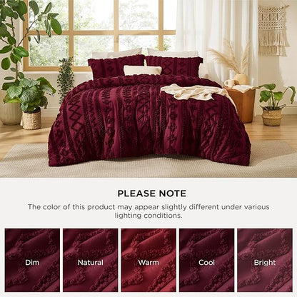Bedsure Tufted Boho Comforter Set Queen Size - Dark Red Boho Bed Set, GentleSoft™ 3 Pieces Farmhouse Shabby Chic Embroidery Bedding, Gifts for Woman, Soft Jacquard Queen Comforter for All Seasons
