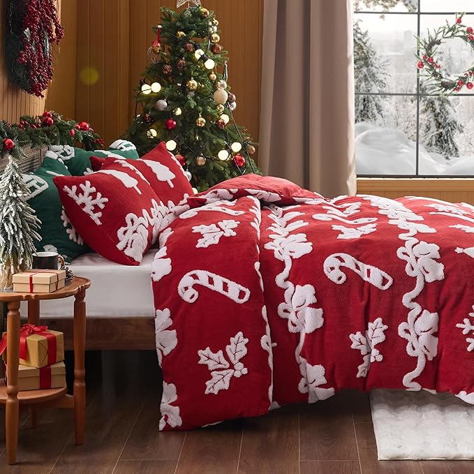 Bedsure Fluffy Christmas Duvet Cover Set - Ultra Soft Plush Shaggy Comforter Cover King Size, Warm Flannel Fleece Bed Sets for Winter, 3 Pieces, Ginger Candy Bell Pattern, Red