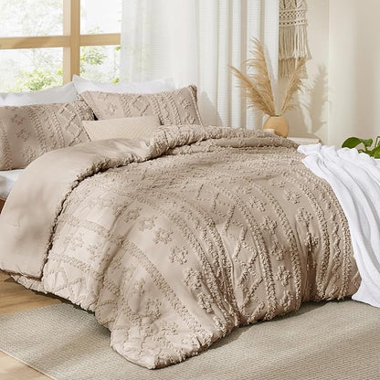 Bedsure Tufted Boho Comforter Set Twin Size - Khaki Boho Bed Set, GentleSoft™ 2 Pieces Farmhouse Shabby Chic Embroidery Bedding, Gifts for Woman, Soft Jacquard Twin Comforter for All Seasons