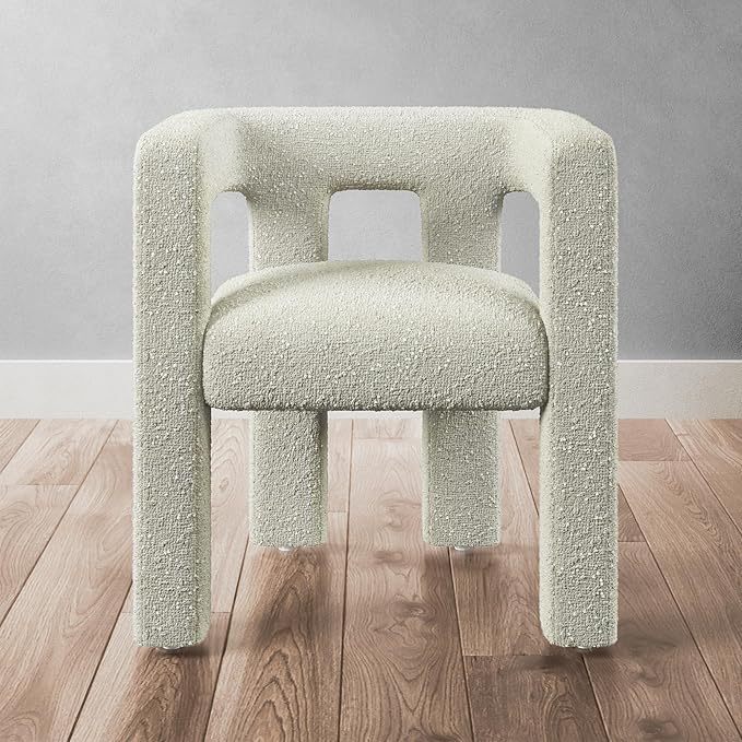 BELLEZE Modern Boucle Barrel Dining Chair, Upholstered Linen Kitchen Boucle Armchair with Sidearms and Back, for Dining Room Living Room- Cream